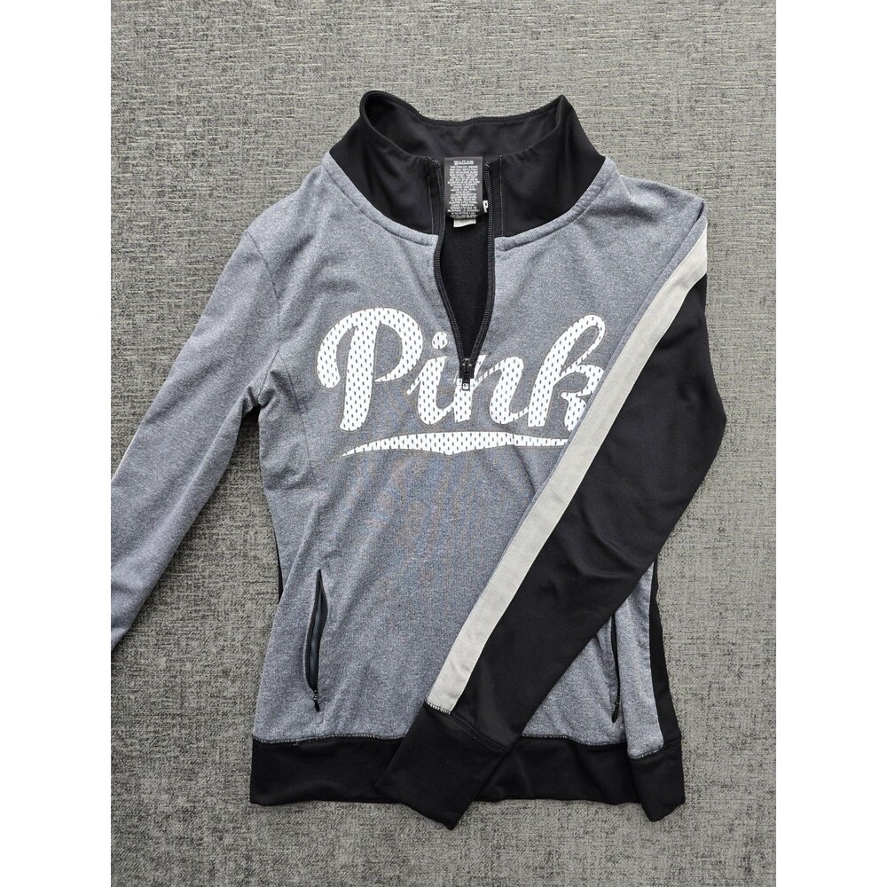 Victorias Secret PINK Gray/Black  Oversized Logo Front 1/4 Zip Sweatshirt XS - Picture 3 of 14